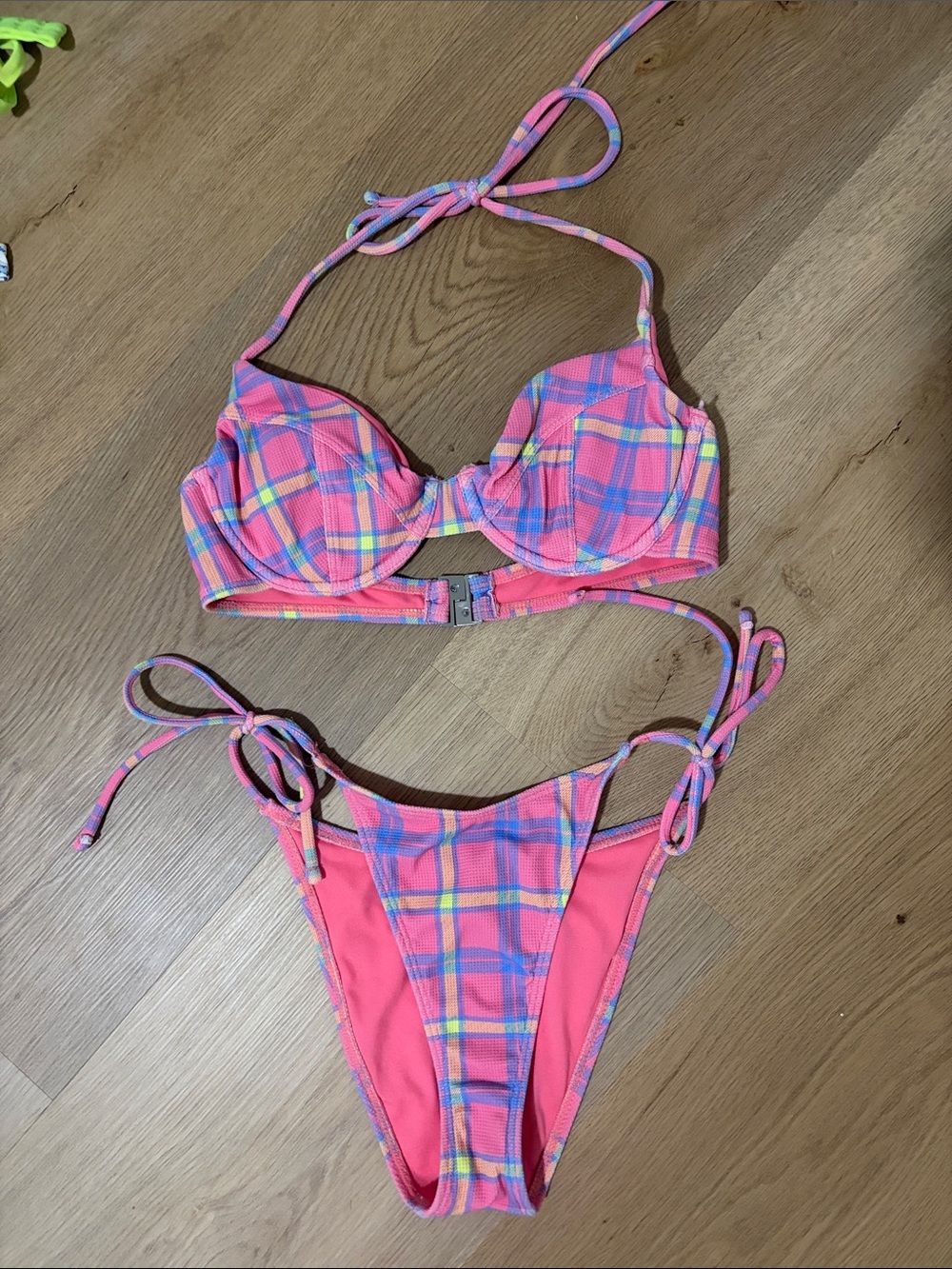 Pink Plaid Tie-Side Kids Bikini Set